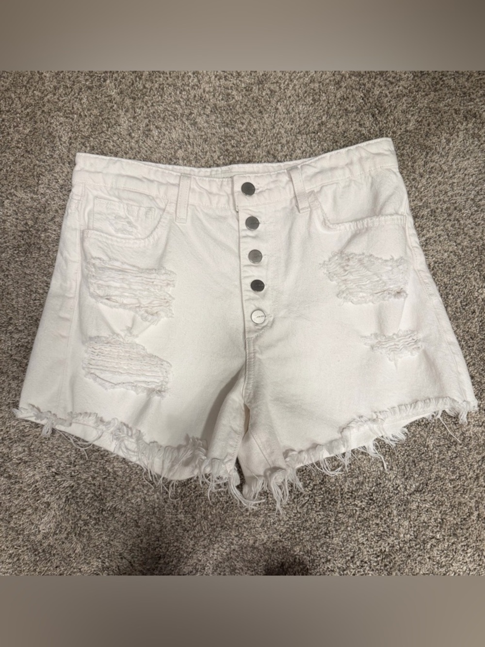 High-Rise Distressed White Denim Shorts